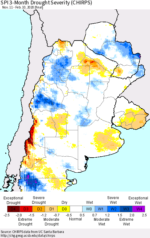 Southern South America SPI 3-Month Drought Severity (CHIRPS) Thematic Map For 11/11/2019 - 2/10/2020