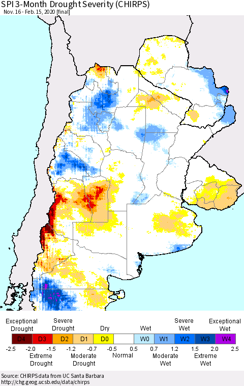 Southern South America SPI 3-Month Drought Severity (CHIRPS) Thematic Map For 11/16/2019 - 2/15/2020
