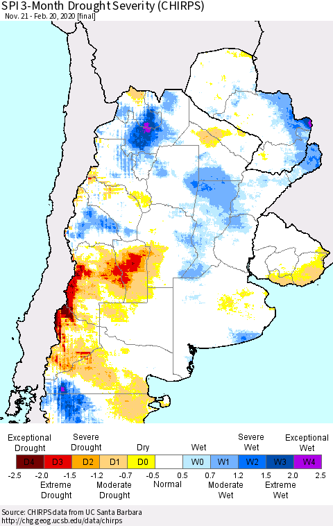Southern South America SPI 3-Month Drought Severity (CHIRPS) Thematic Map For 11/21/2019 - 2/20/2020