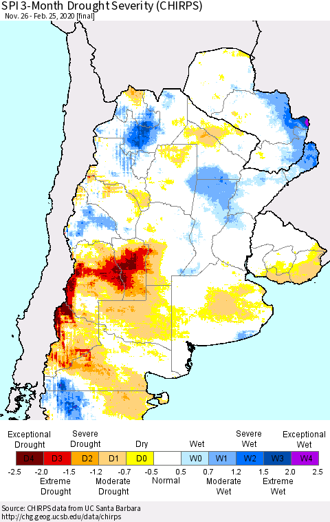 Southern South America SPI 3-Month Drought Severity (CHIRPS) Thematic Map For 11/26/2019 - 2/25/2020