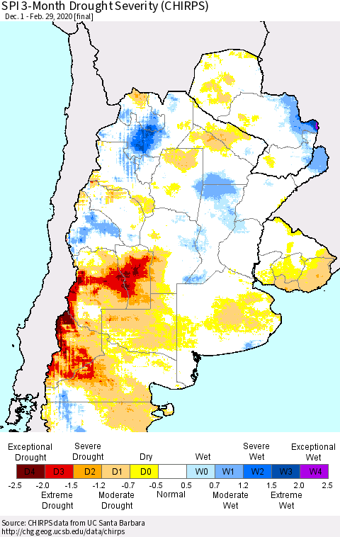 Southern South America SPI 3-Month Drought Severity (CHIRPS) Thematic Map For 12/1/2019 - 2/29/2020