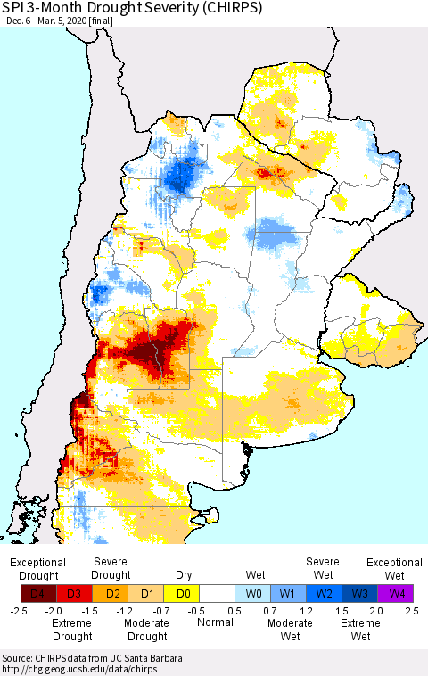 Southern South America SPI 3-Month Drought Severity (CHIRPS) Thematic Map For 12/6/2019 - 3/5/2020