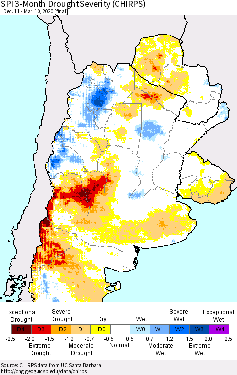 Southern South America SPI 3-Month Drought Severity (CHIRPS) Thematic Map For 12/11/2019 - 3/10/2020