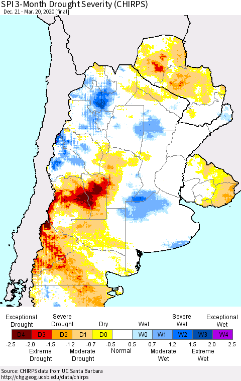 Southern South America SPI 3-Month Drought Severity (CHIRPS) Thematic Map For 12/21/2019 - 3/20/2020
