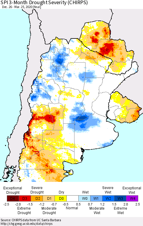 Southern South America SPI 3-Month Drought Severity (CHIRPS) Thematic Map For 12/26/2019 - 3/25/2020