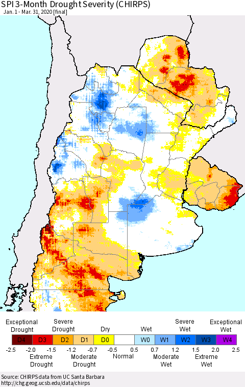 Southern South America SPI 3-Month Drought Severity (CHIRPS) Thematic Map For 1/1/2020 - 3/31/2020