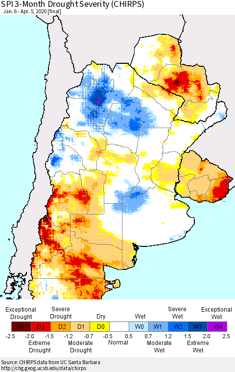 Southern South America SPI 3-Month Drought Severity (CHIRPS) Thematic Map For 1/6/2020 - 4/5/2020