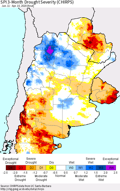 Southern South America SPI 3-Month Drought Severity (CHIRPS) Thematic Map For 1/11/2020 - 4/10/2020