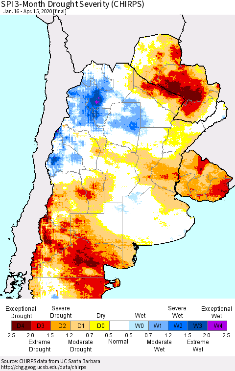 Southern South America SPI 3-Month Drought Severity (CHIRPS) Thematic Map For 1/16/2020 - 4/15/2020