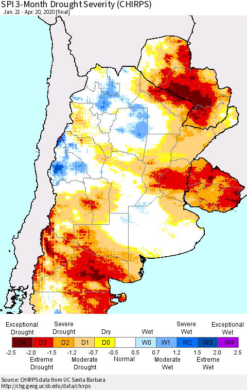 Southern South America SPI 3-Month Drought Severity (CHIRPS) Thematic Map For 1/21/2020 - 4/20/2020
