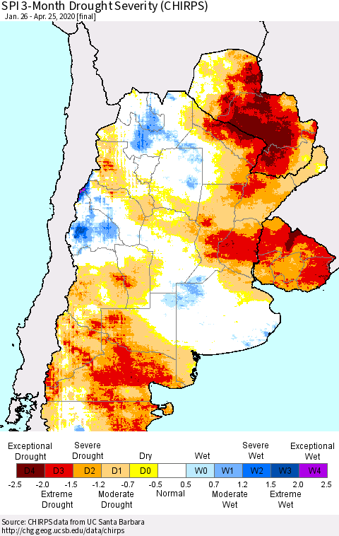 Southern South America SPI 3-Month Drought Severity (CHIRPS) Thematic Map For 1/26/2020 - 4/25/2020