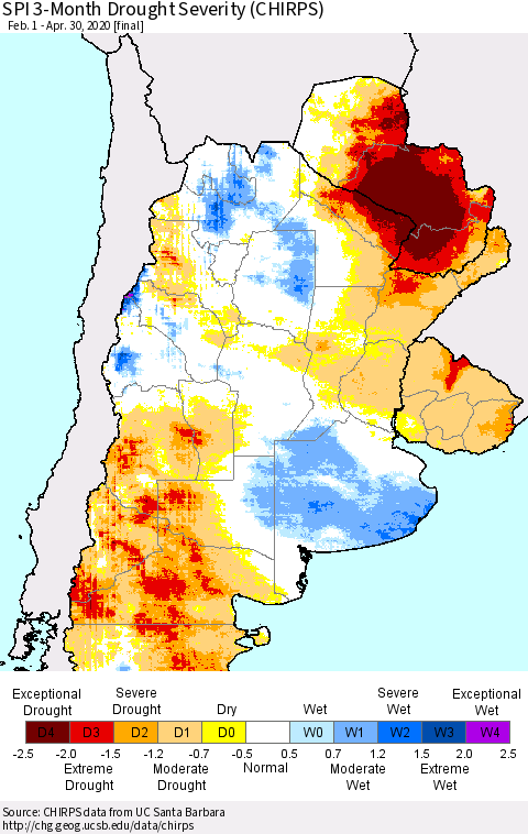 Southern South America SPI 3-Month Drought Severity (CHIRPS) Thematic Map For 2/1/2020 - 4/30/2020