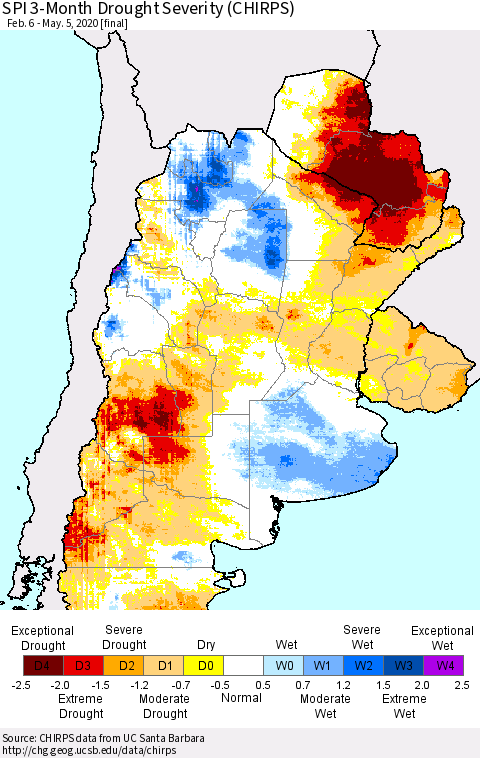 Southern South America SPI 3-Month Drought Severity (CHIRPS) Thematic Map For 2/6/2020 - 5/5/2020