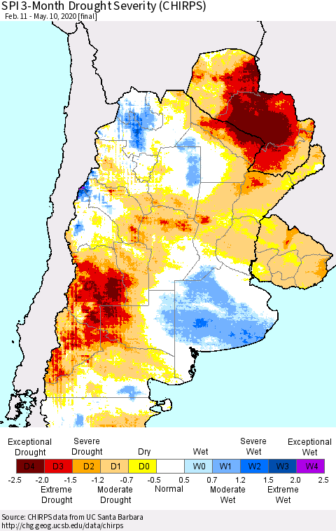 Southern South America SPI 3-Month Drought Severity (CHIRPS) Thematic Map For 2/11/2020 - 5/10/2020