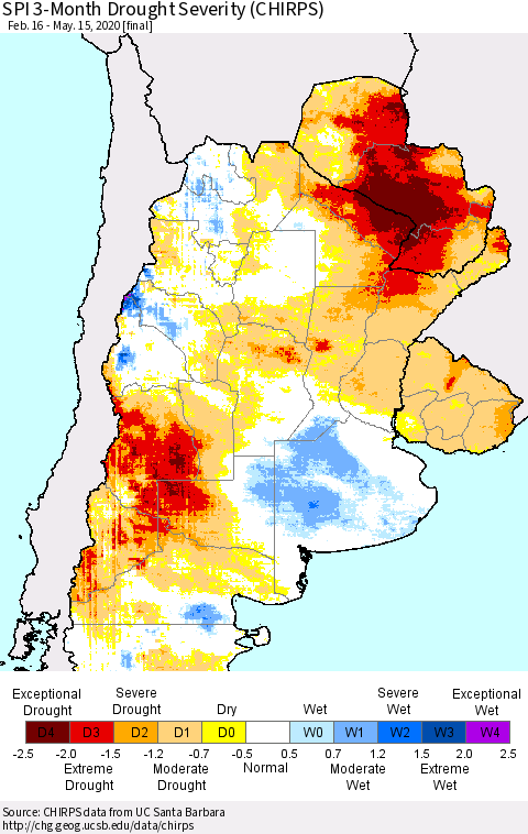 Southern South America SPI 3-Month Drought Severity (CHIRPS) Thematic Map For 2/16/2020 - 5/15/2020