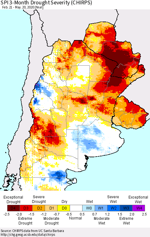Southern South America SPI 3-Month Drought Severity (CHIRPS) Thematic Map For 2/21/2020 - 5/20/2020