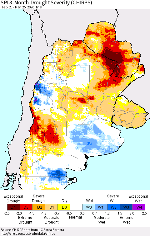 Southern South America SPI 3-Month Drought Severity (CHIRPS) Thematic Map For 2/26/2020 - 5/25/2020