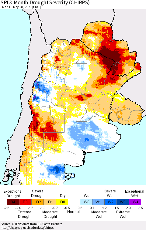 Southern South America SPI 3-Month Drought Severity (CHIRPS) Thematic Map For 3/1/2020 - 5/31/2020