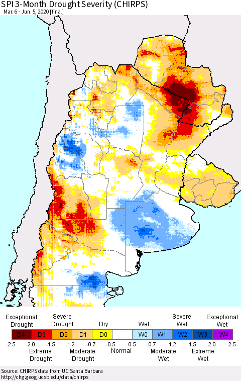 Southern South America SPI 3-Month Drought Severity (CHIRPS) Thematic Map For 3/6/2020 - 6/5/2020