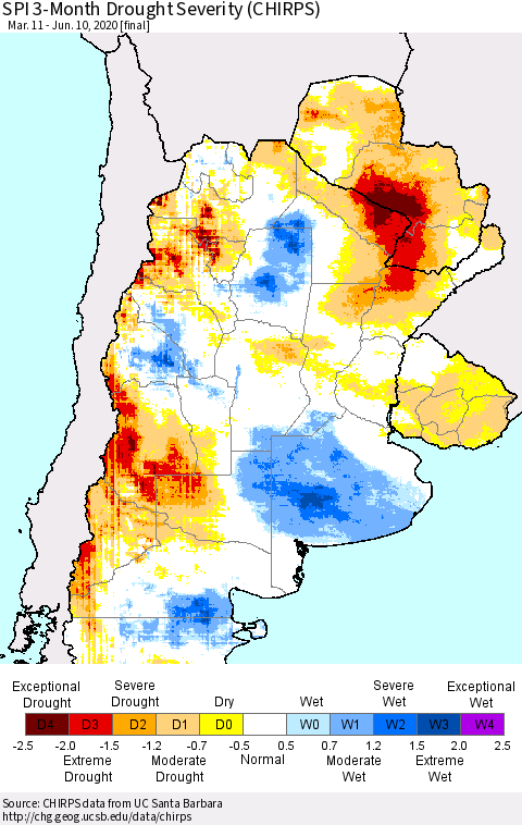 Southern South America SPI 3-Month Drought Severity (CHIRPS) Thematic Map For 3/11/2020 - 6/10/2020