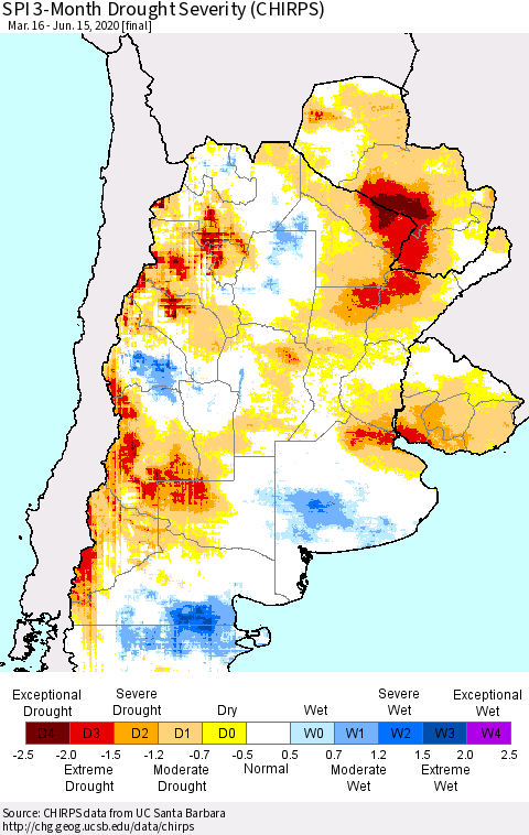 Southern South America SPI 3-Month Drought Severity (CHIRPS) Thematic Map For 3/16/2020 - 6/15/2020