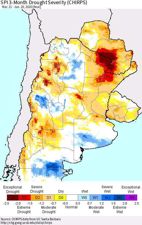 Southern South America SPI 3-Month Drought Severity (CHIRPS) Thematic Map For 3/21/2020 - 6/20/2020