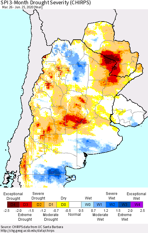 Southern South America SPI 3-Month Drought Severity (CHIRPS) Thematic Map For 3/26/2020 - 6/25/2020