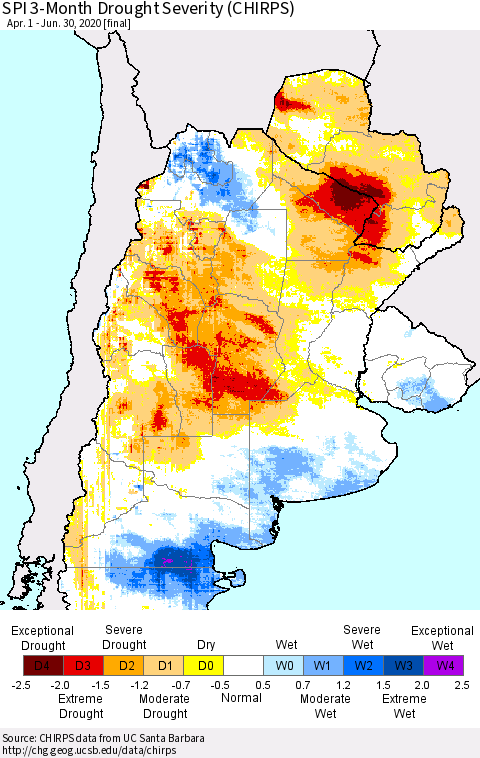 Southern South America SPI 3-Month Drought Severity (CHIRPS) Thematic Map For 4/1/2020 - 6/30/2020