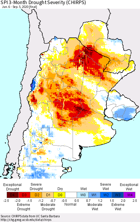 Southern South America SPI 3-Month Drought Severity (CHIRPS) Thematic Map For 6/6/2020 - 9/5/2020