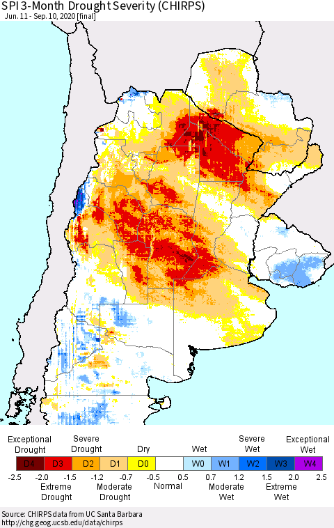 Southern South America SPI 3-Month Drought Severity (CHIRPS) Thematic Map For 6/11/2020 - 9/10/2020