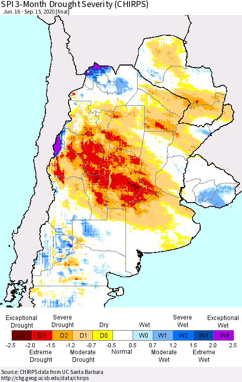 Southern South America SPI 3-Month Drought Severity (CHIRPS) Thematic Map For 6/16/2020 - 9/15/2020