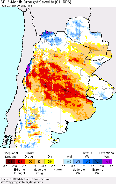 Southern South America SPI 3-Month Drought Severity (CHIRPS) Thematic Map For 6/21/2020 - 9/20/2020