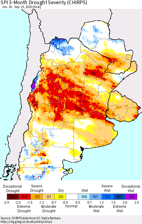 Southern South America SPI 3-Month Drought Severity (CHIRPS) Thematic Map For 6/26/2020 - 9/25/2020