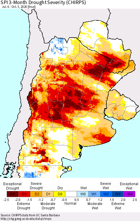 Southern South America SPI 3-Month Drought Severity (CHIRPS) Thematic Map For 7/6/2020 - 10/5/2020