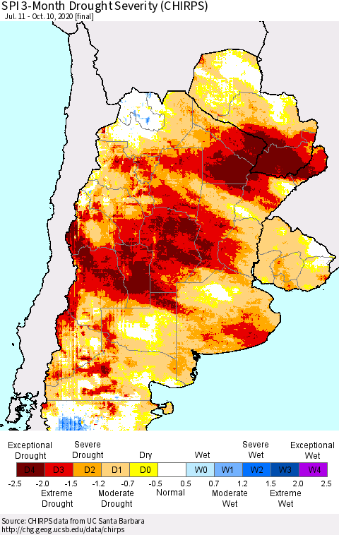 Southern South America SPI 3-Month Drought Severity (CHIRPS) Thematic Map For 7/11/2020 - 10/10/2020