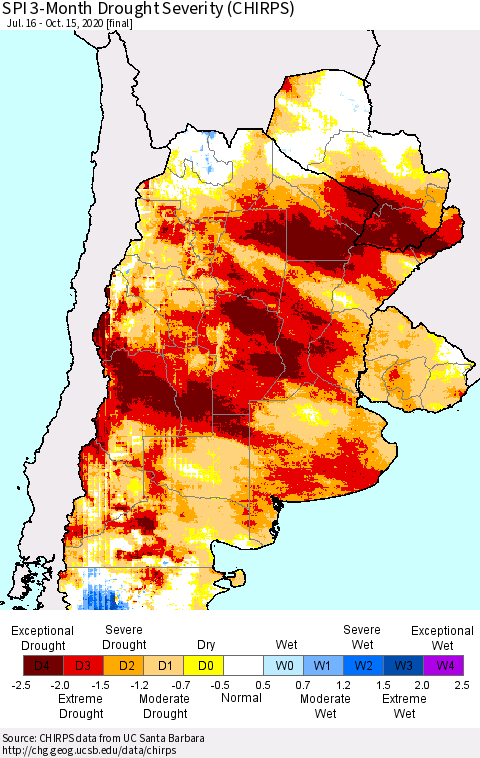 Southern South America SPI 3-Month Drought Severity (CHIRPS) Thematic Map For 7/16/2020 - 10/15/2020