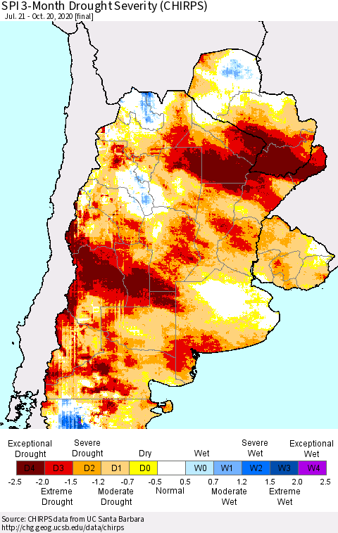 Southern South America SPI 3-Month Drought Severity (CHIRPS) Thematic Map For 7/21/2020 - 10/20/2020