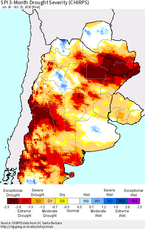 Southern South America SPI 3-Month Drought Severity (CHIRPS) Thematic Map For 7/26/2020 - 10/25/2020