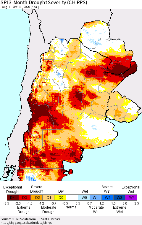 Southern South America SPI 3-Month Drought Severity (CHIRPS) Thematic Map For 8/1/2020 - 10/31/2020