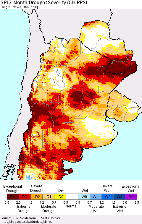 Southern South America SPI 3-Month Drought Severity (CHIRPS) Thematic Map For 8/6/2020 - 11/5/2020