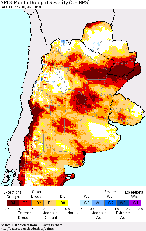 Southern South America SPI 3-Month Drought Severity (CHIRPS) Thematic Map For 8/11/2020 - 11/10/2020