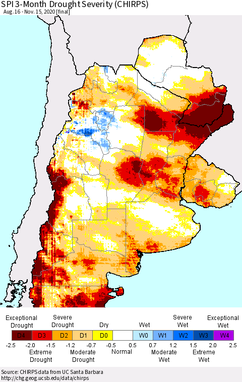Southern South America SPI 3-Month Drought Severity (CHIRPS) Thematic Map For 8/16/2020 - 11/15/2020