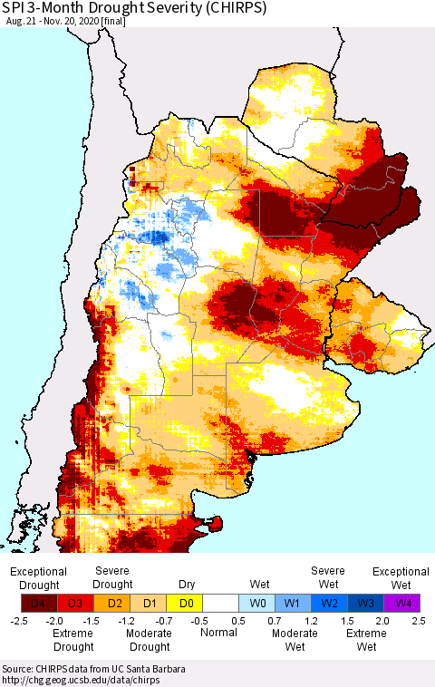 Southern South America SPI 3-Month Drought Severity (CHIRPS) Thematic Map For 8/21/2020 - 11/20/2020