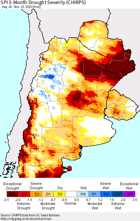 Southern South America SPI 3-Month Drought Severity (CHIRPS) Thematic Map For 8/26/2020 - 11/25/2020