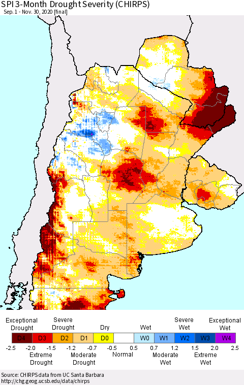 Southern South America SPI 3-Month Drought Severity (CHIRPS) Thematic Map For 9/1/2020 - 11/30/2020