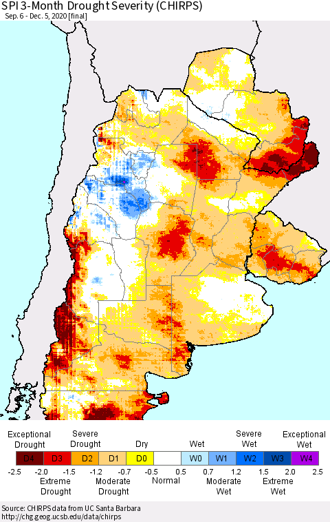 Southern South America SPI 3-Month Drought Severity (CHIRPS) Thematic Map For 9/6/2020 - 12/5/2020