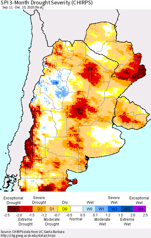 Southern South America SPI 3-Month Drought Severity (CHIRPS) Thematic Map For 9/11/2020 - 12/10/2020
