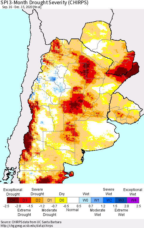 Southern South America SPI 3-Month Drought Severity (CHIRPS) Thematic Map For 9/16/2020 - 12/15/2020