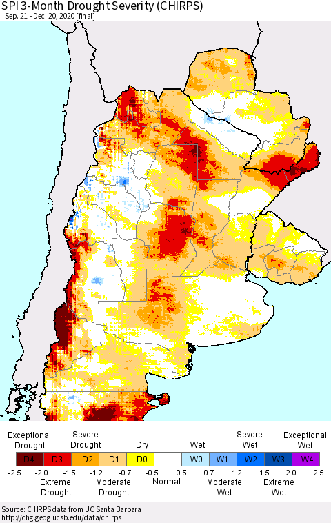 Southern South America SPI 3-Month Drought Severity (CHIRPS) Thematic Map For 9/21/2020 - 12/20/2020