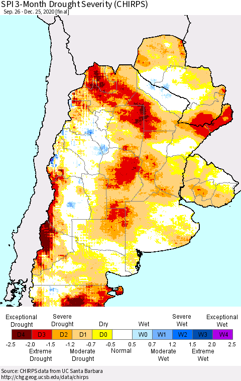 Southern South America SPI 3-Month Drought Severity (CHIRPS) Thematic Map For 9/26/2020 - 12/25/2020